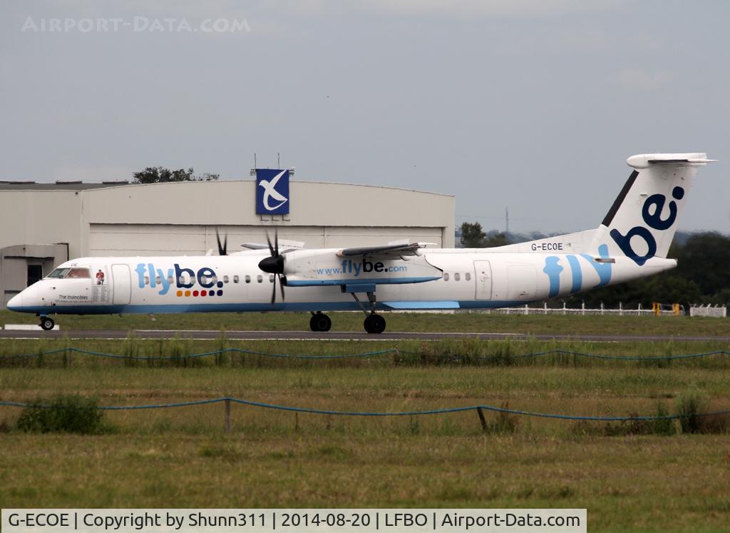 G-ECOE, 2008 De Havilland Canada DHC-8-402Q Dash 8 C/N 4212, Lining up rwy 32R for departure with additional patch on cockpit...