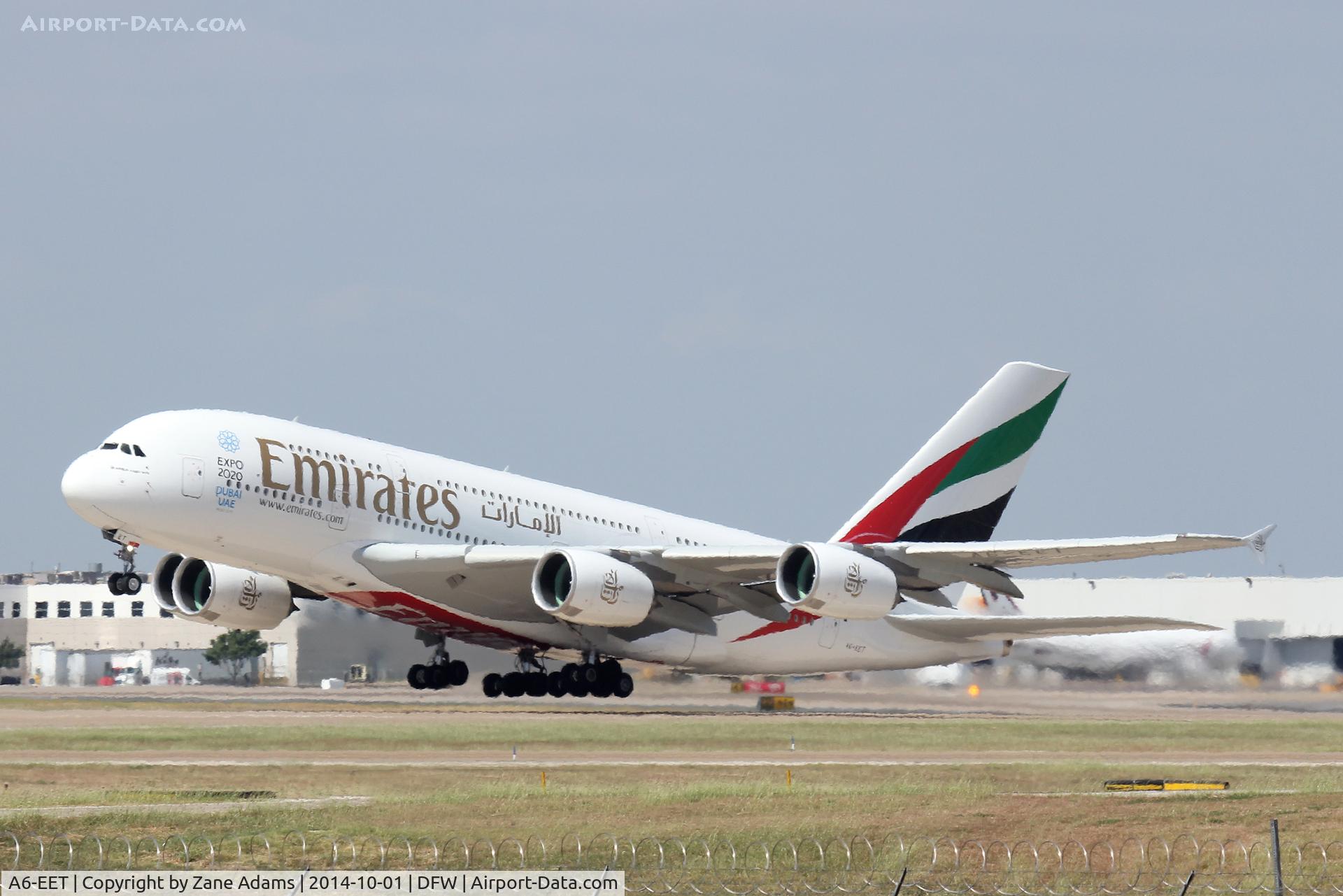 A6-EET, 2013 Airbus A380-861 C/N 142, Departing DFW Airport