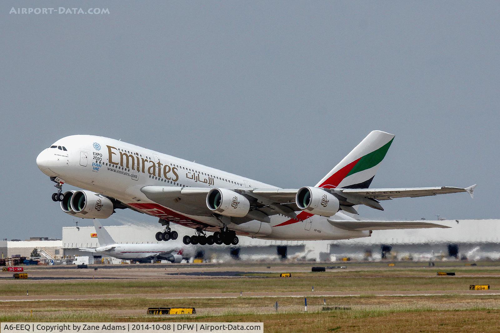 A6-EEQ, 2013 Airbus A380-861 C/N 141, The First Emirates A380 flight departing DFW Airport