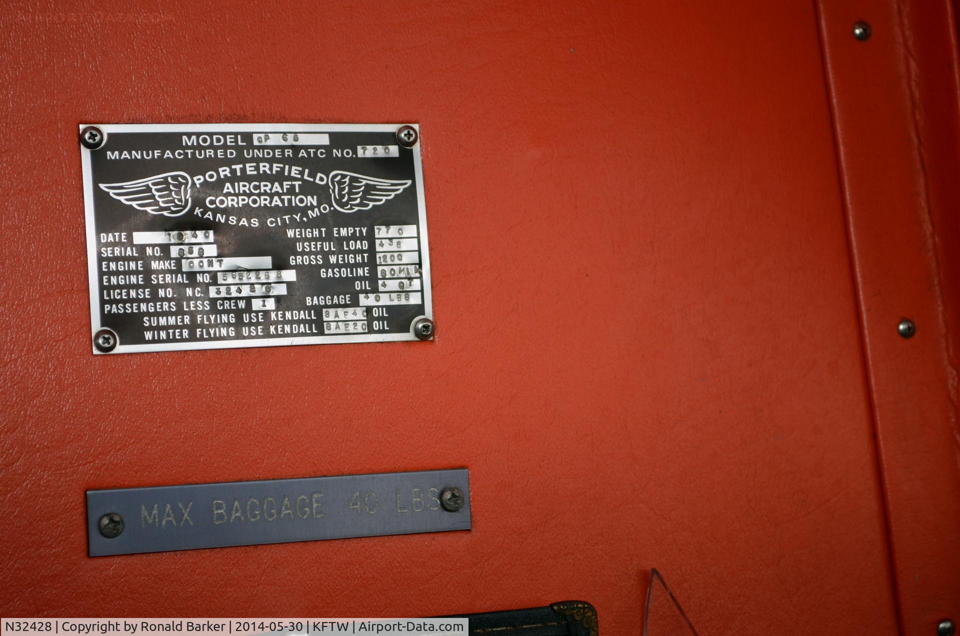 N32428, 1940 Porterfield CP-65 C/N 858, Builders Plate, Vintage Flying Museum