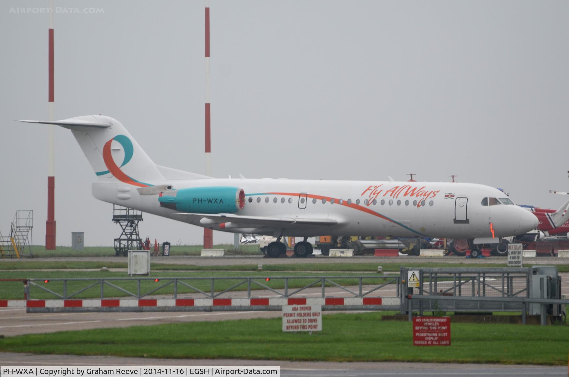 PH-WXA, 1996 Fokker 70 (F-28-0070) C/N 11570, Pictured on a misty morning at Norwich in new livery for 