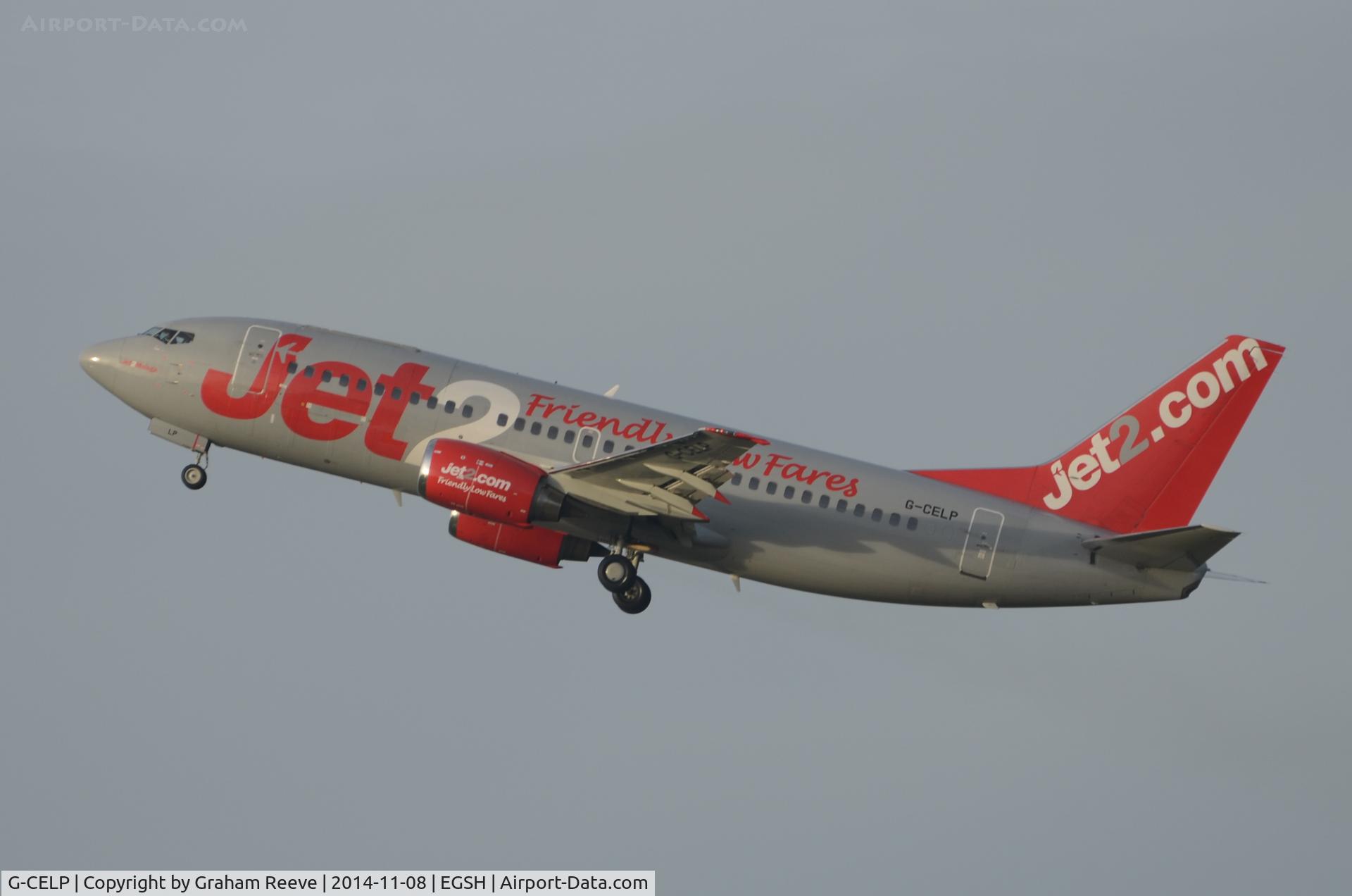 G-CELP, 1986 Boeing 737-330(QC) C/N 23522, Departing from Norwich.