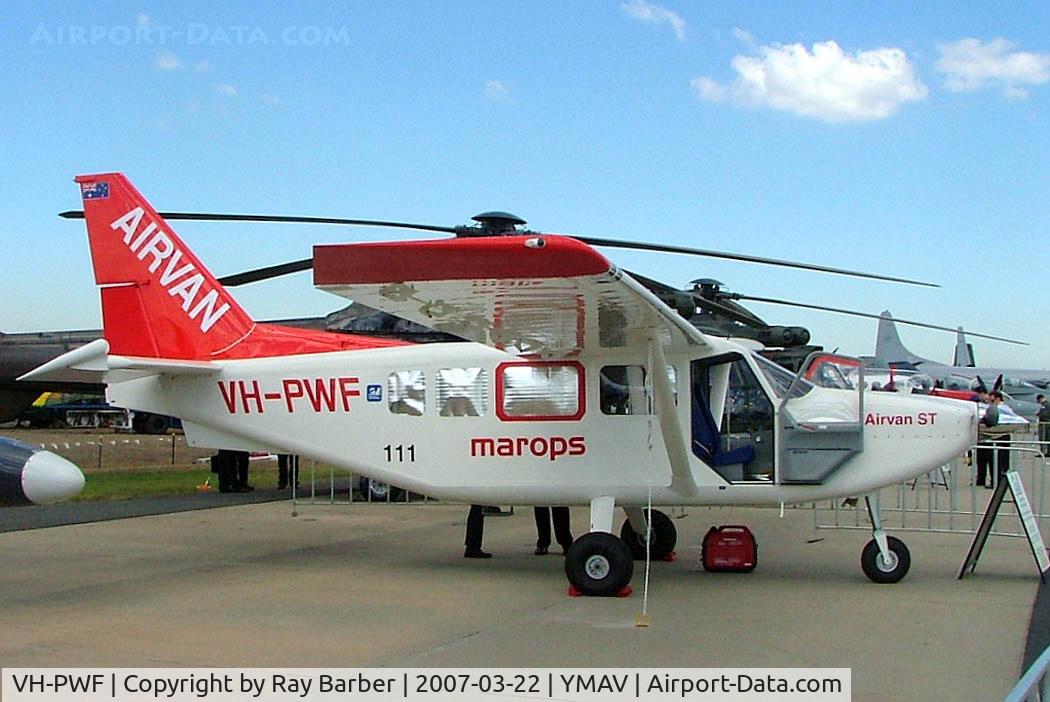 VH-PWF, 2007 Gippsland GA-8 Airvan C/N GA8-07-111, Gippsland GA-8 Airvan ST [GA8-07-111]  (Gippsland Aeronautics) Avalon~VH 22/03/2007 Never registered with the Australian CASA only worn for Avalon Exhibition but has the c/n on body in bold numerals.