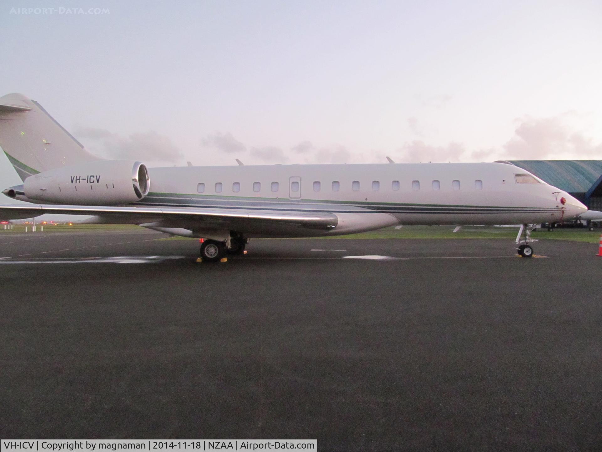 VH-ICV, 2010 Bombardier BD-700-1A10 Global Express C/N 9393, on stand - nearly dark and too close to fence!!