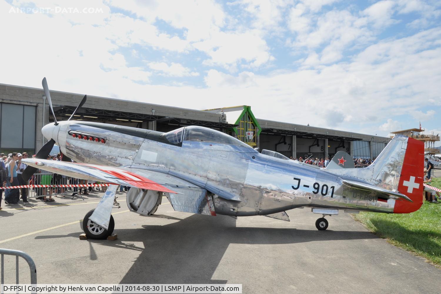 D-FPSI, 1944 North American P-51D Mustang C/N 122-39232, German Mustang temporarily painted as Swiss Air Force J-901 for the celebration of 100 years Swiss Air Force, the AIR14 airshow, at Payerne Air Base.