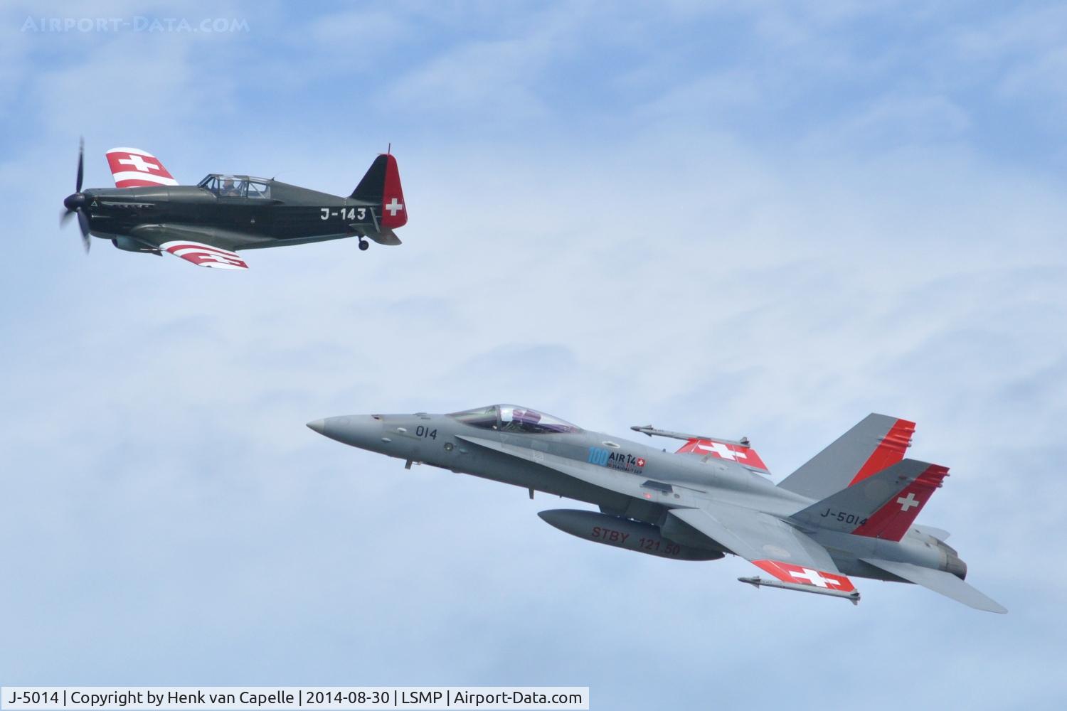 J-5014, McDonnell Douglas F/A-18C Hornet C/N 1359, Swiss Air Force F-18C Hornet flying with Morane-Saulnier D-3801 HB-RCF during the AIR14 air show at Payerne Air Base.