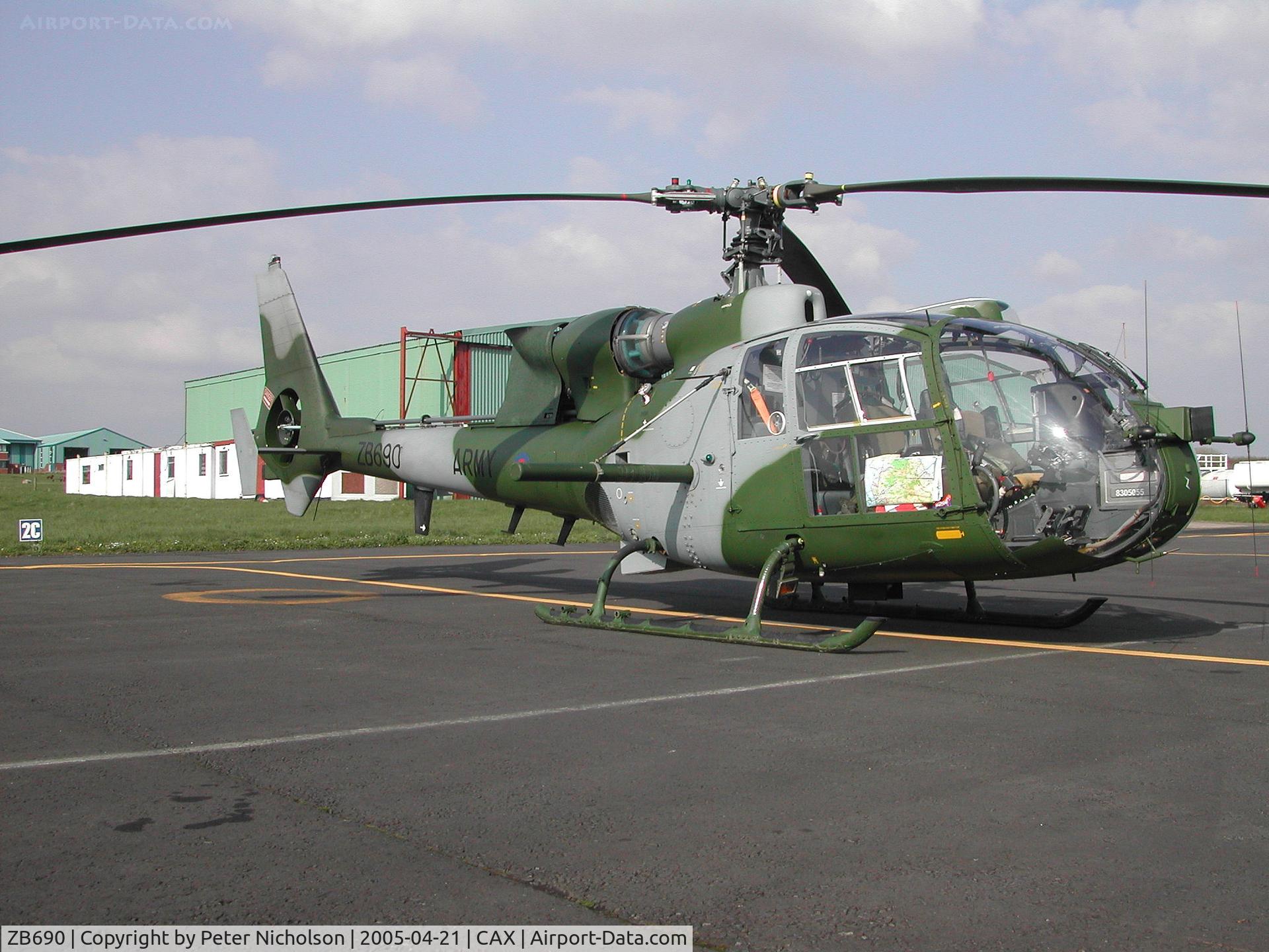 ZB690, Westland SA-341B Gazelle AH1 C/N WA2003, Gazelle AH.1, callsign Army Air 567, of 665 Squadron on a visit to Carlisle in April 2005.