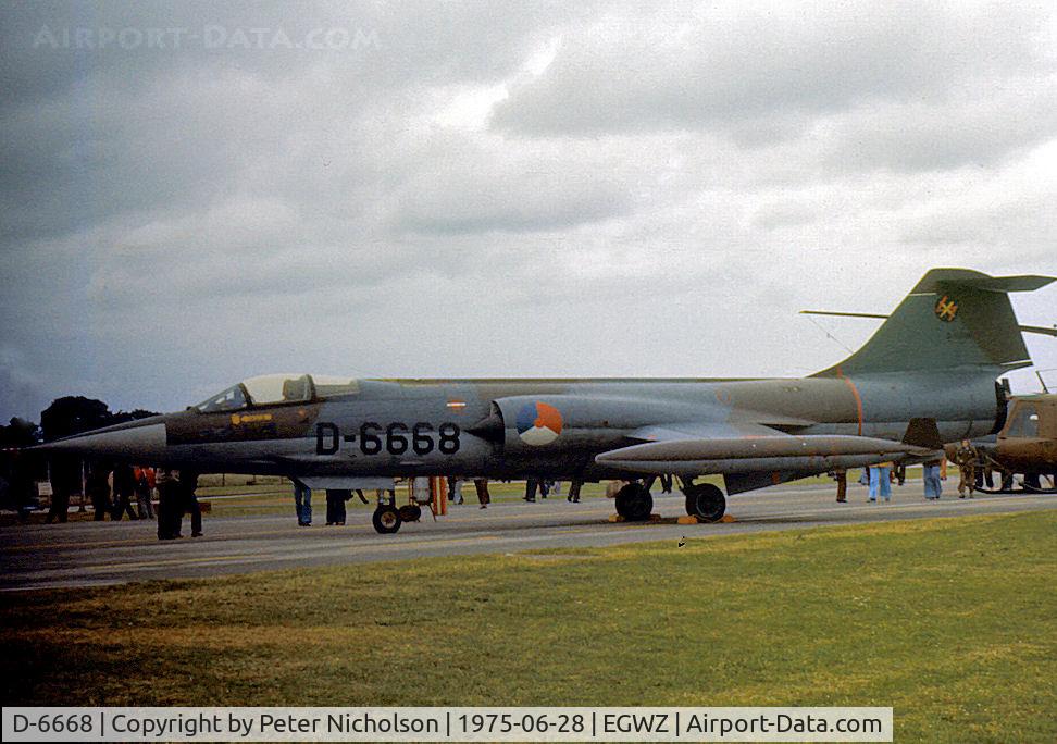 D-6668, Lockheed F-104G Starfighter C/N 683-6668, F-104G Starfighter of 312 Squadron Royal Netherlands Air Force on display at the 1975 RAF Alconbury Airshow.
