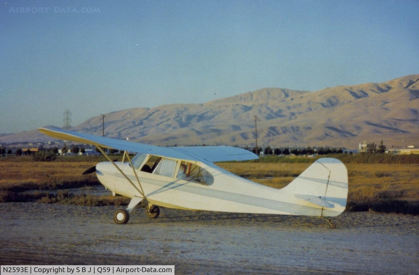 N2593E, 1946 Aeronca 7AC Champion C/N 7AC-6175, 93E in the setting sun at the Fremont airport . Mission Peak is above 93E .It is well known to glider pilots of the 1960-92 era.Seldom flew by without seeing 2-3 gliders circling and working ridge lift.In strong winds,could easily soar in a TCraft.