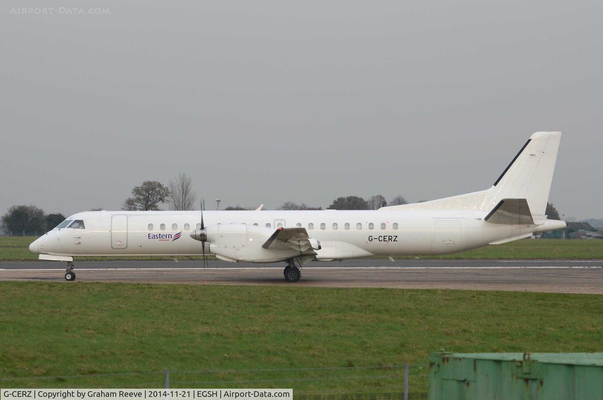 G-CERZ, 1997 Saab 2000 C/N 2000-042, About to depart from Norwich.
