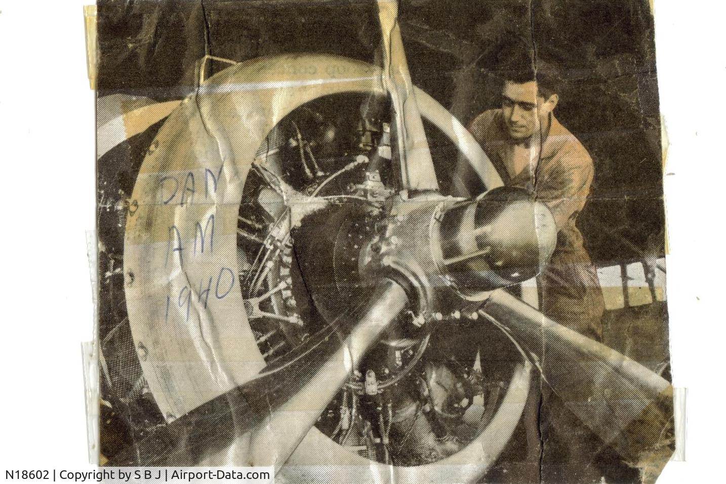 N18602, 1939 Boeing 314 C/N 1989, Not sure which Clipper this engine is on,but it is my dad at Treasure Island (SF Bay) when he worked for Pan Am as a mechanic.Pic was when a well known magazine doing an article on Pan Am, asked my dad to pose for it.