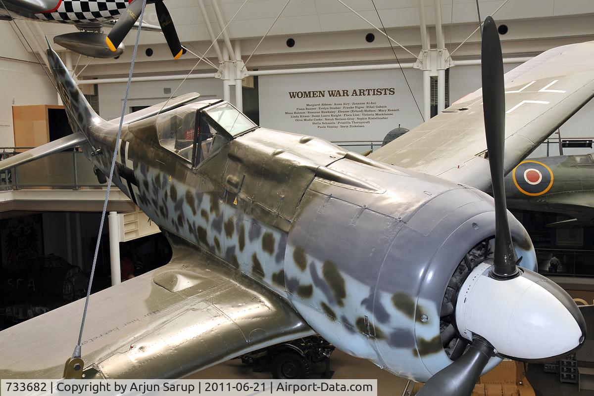 733682, 1944 Focke-Wulf Fw-190A-8 C/N 733682, Preserved at the Imperial War Museum. This aircraft was captured in Germany towards the end of the war. It was to be the upper component of a Mistel S-3B composite aircraft, assigned to KG 200.