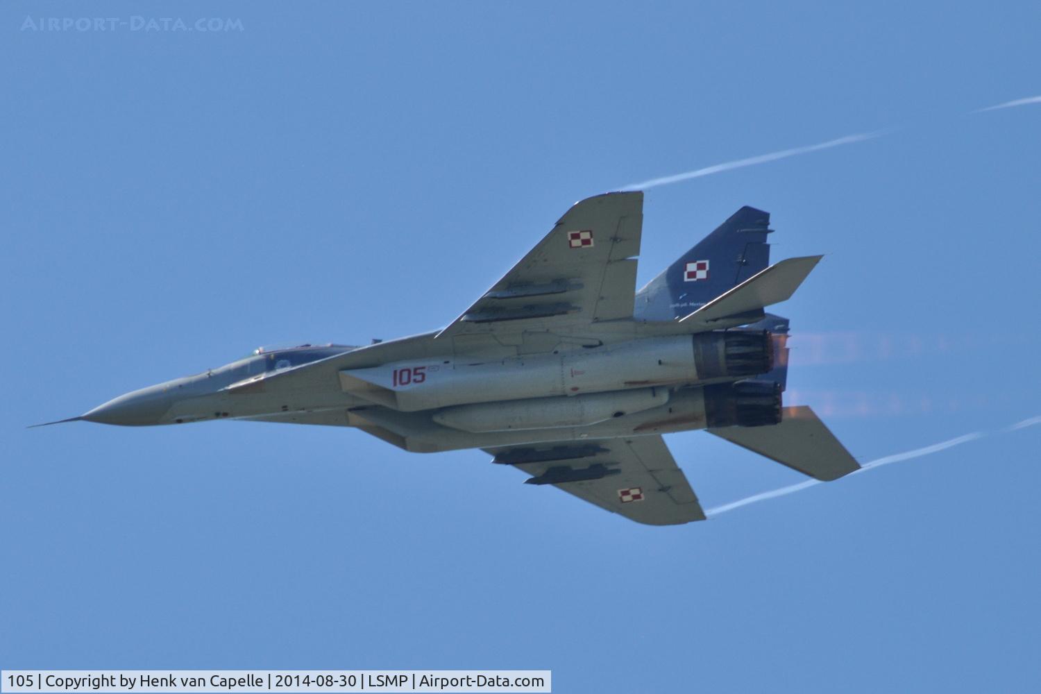 105, Mikoyan-Gurevich MiG-29A C/N 2960535105, Mikoyan MiG-29A Fulcrum of the Polish Air Force during a flight display at Payerne Air Base, Switzerland. AIR14.