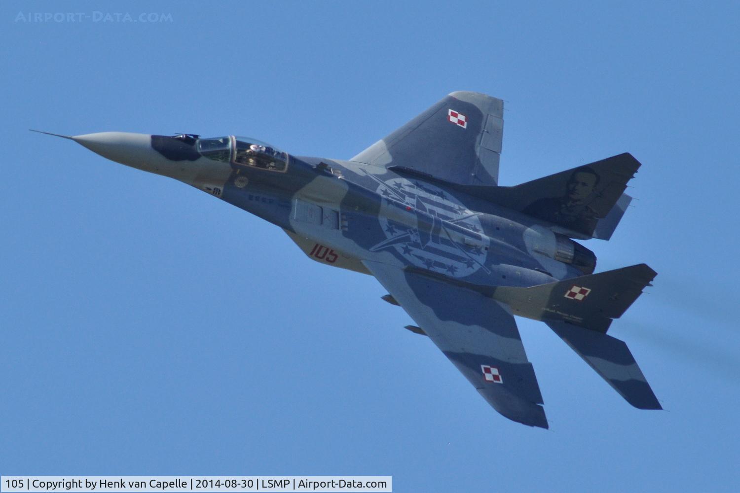105, Mikoyan-Gurevich MiG-29A C/N 2960535105, Mikoyan MiG-29A Fulcrum of the Polish Air Force during a flight display at Payerne Air Base, Switzerland. AIR14.