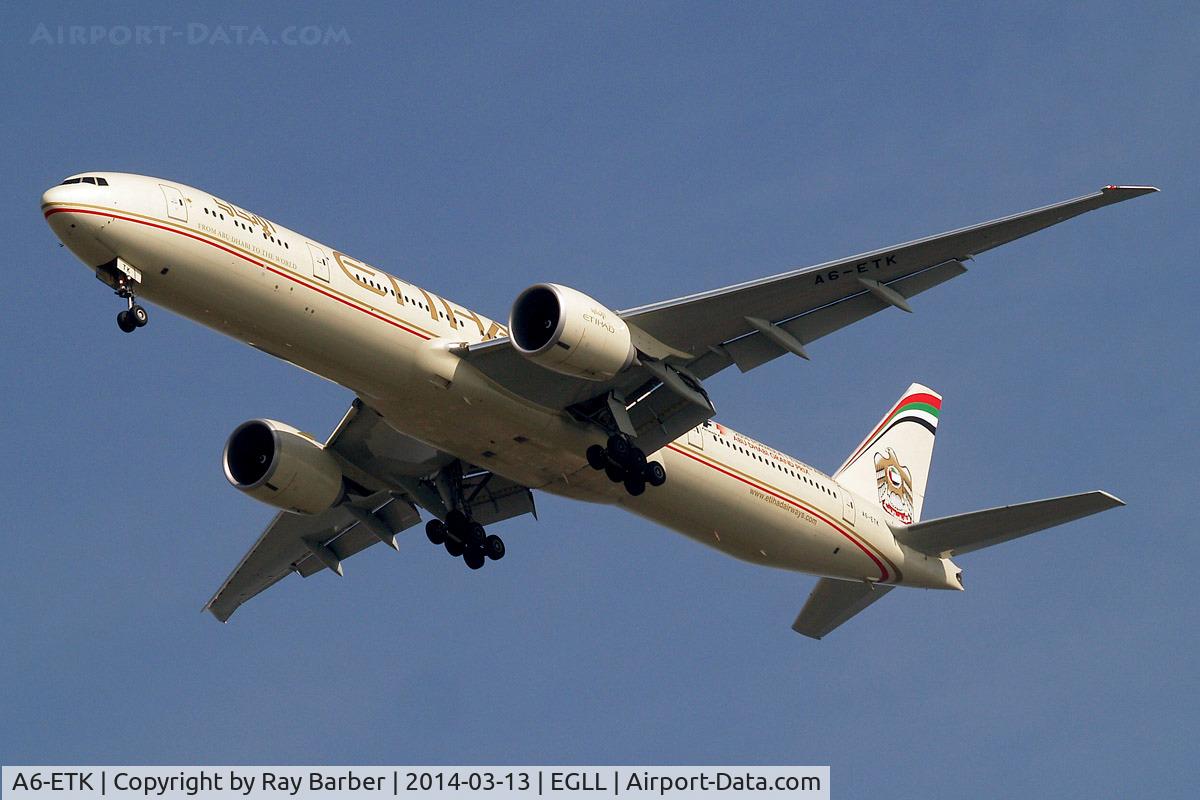 A6-ETK, 2012 Boeing 777-3FX/ER C/N 39686, Boeing 777-3FXER [39686] (Etihad Airways) Home~G 13/03/2014. On approach 27R.