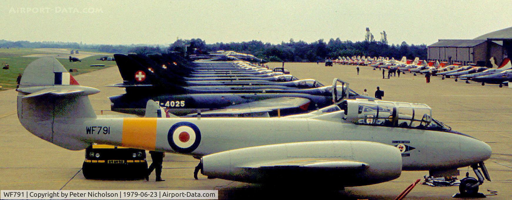 WF791, 1951 Gloster Meteor T.7 C/N 15658, Meteor T.7 of the Central Flying School's Vintage Pair demonstration team on the flight line at the 1979 International Air Tattoo at RAF Greenham Common.