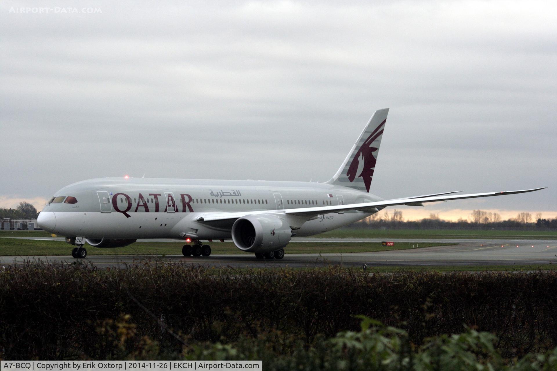 A7-BCQ, 2014 Boeing 787-8 Dreamliner C/N 38335, A7-BCQ just landed rw 04L