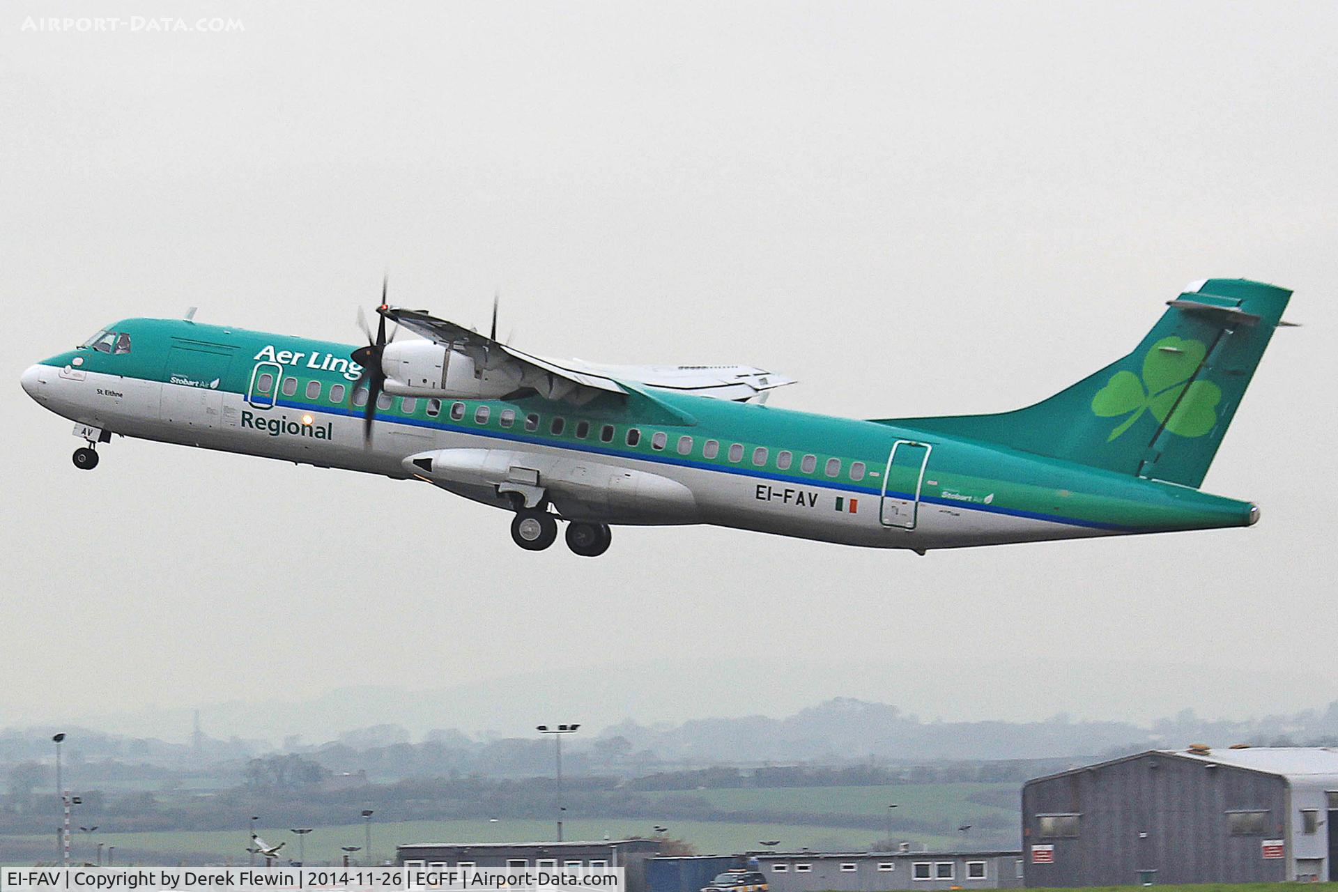EI-FAV, 2013 ATR 72-600 (72-212A) C/N 1105, ATR 72-600, previously F-WWER, (St. Eithne / Ethna) callsign Stobart 91CW, seen departing runway 30 at EGFF, en-route to Dublin.
