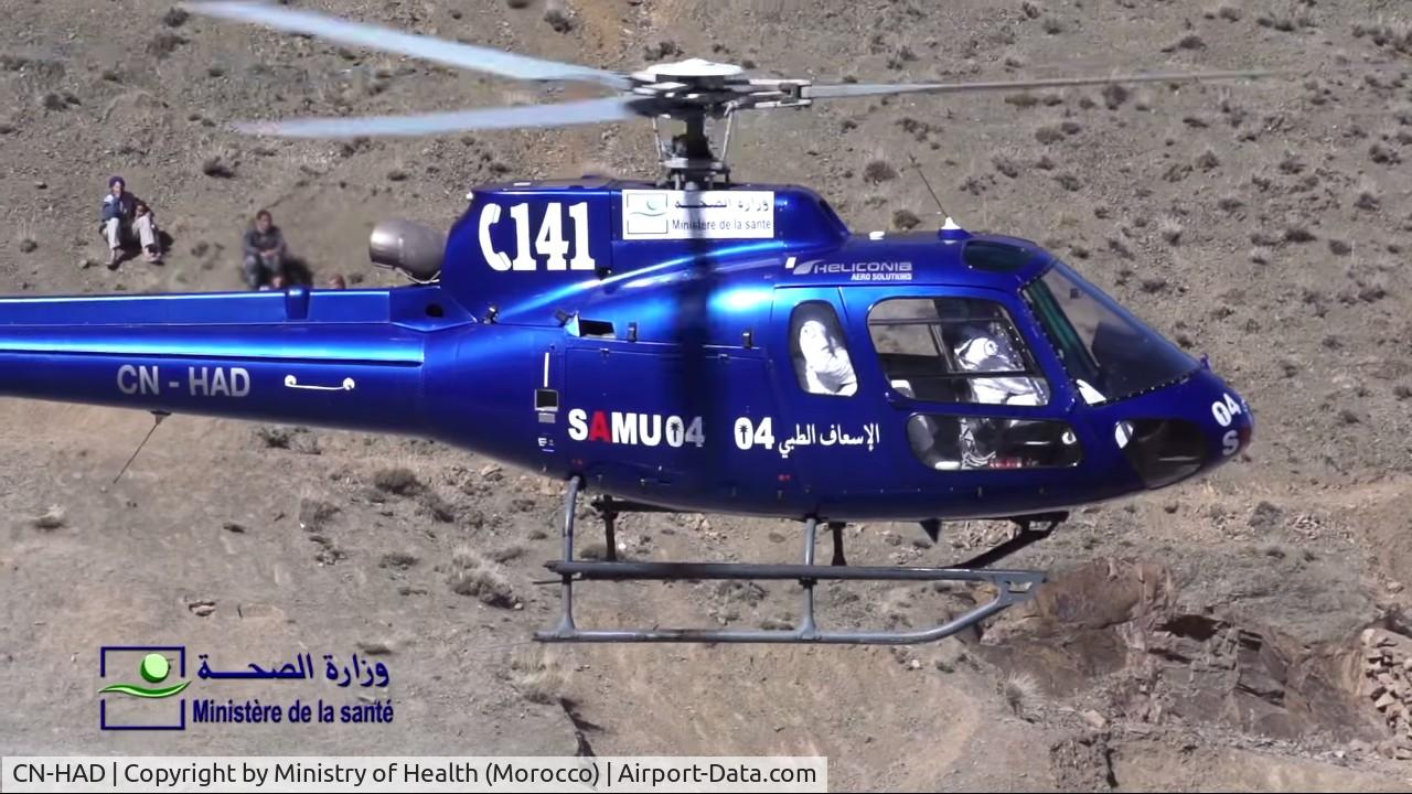 CN-HAD, Eurocopter AS-350B-2 Ecureuil Ecureuil C/N 4416, The helicopter was in emergeny to the transfer a pregnant woman from a mountain village to Marrakech city.