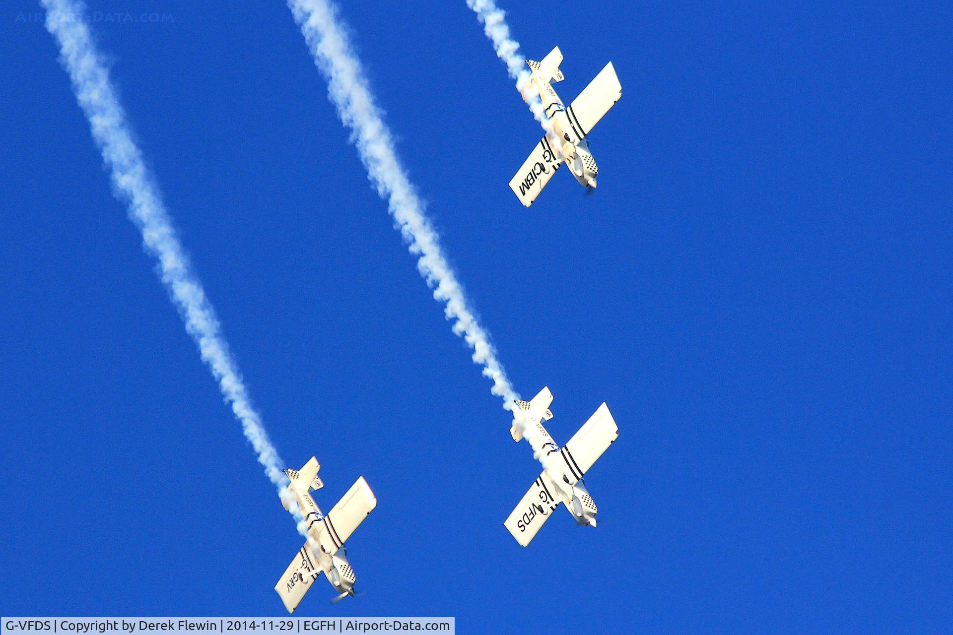 G-VFDS, 2012 Vans RV-8 C/N PFA 303-14637, Vans RV-8, seen leading G-EGRV and G-CIBM, returning to EGFH after a practice sortie over EGFP.