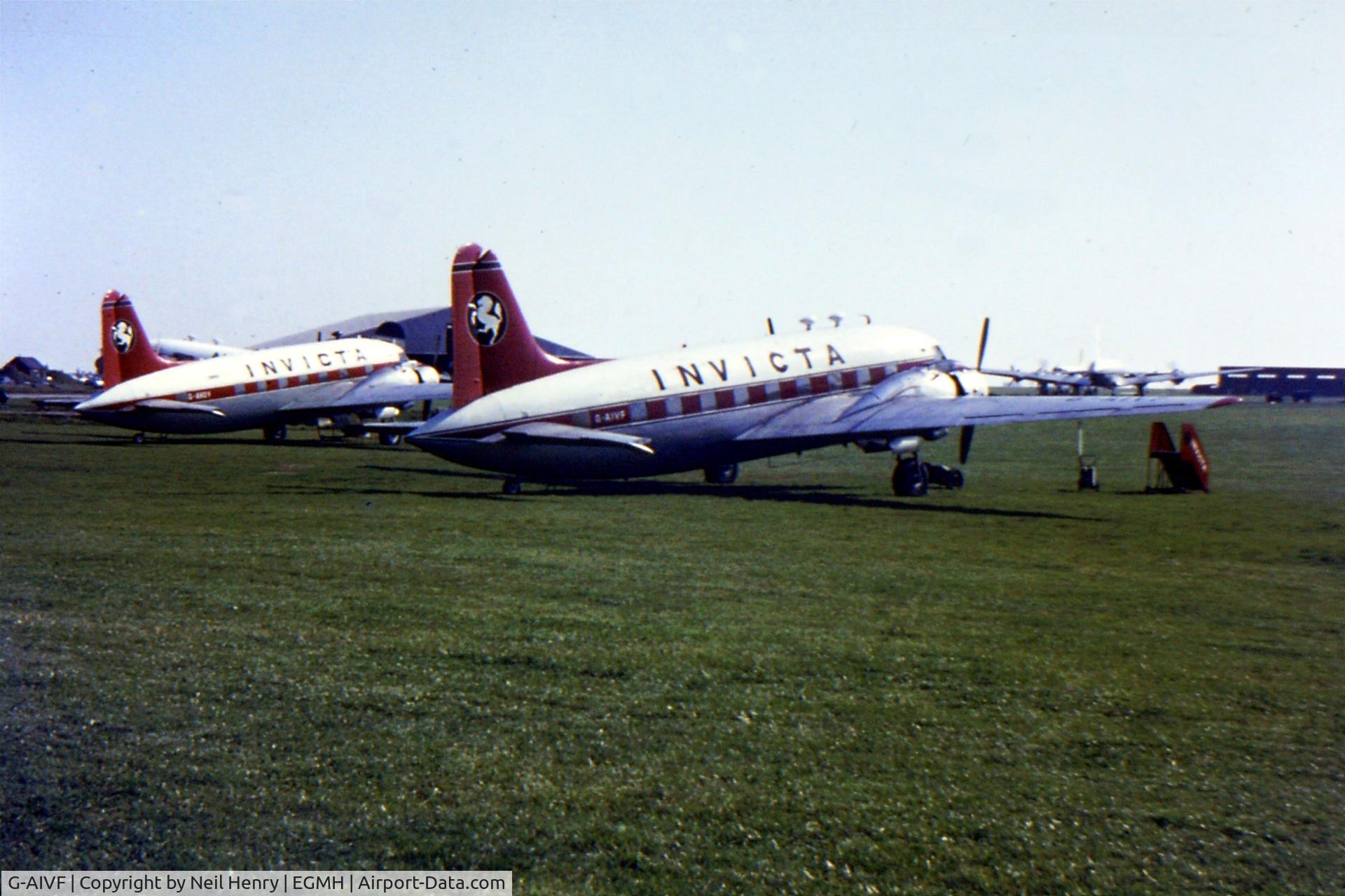 G-AIVF, 1946 Vickers 610 Viking 3B C/N 219, Two Vickers Viking Mark 1 - G-AIVF and G-AHOY - at EGMH - Manston, Kent, UK - taken in spring of 1966 and scanned from original slide.