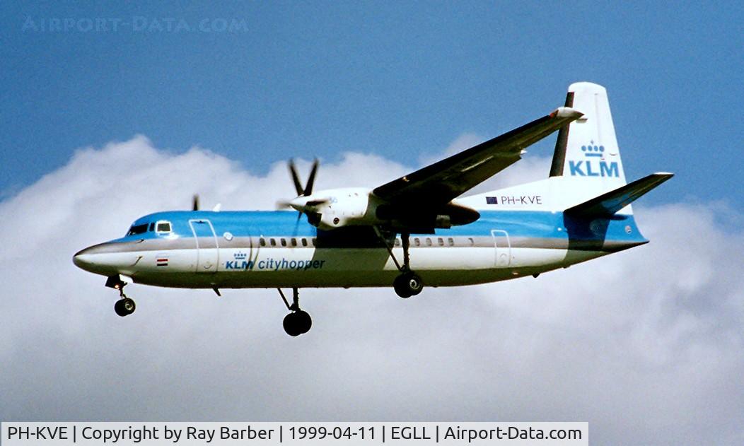 PH-KVE, 1990 Fokker 50 C/N 20206, Fokker F-50 [20206] (KLM cityhopper) Heathrow~G 11/04/1999. On finals 27L.