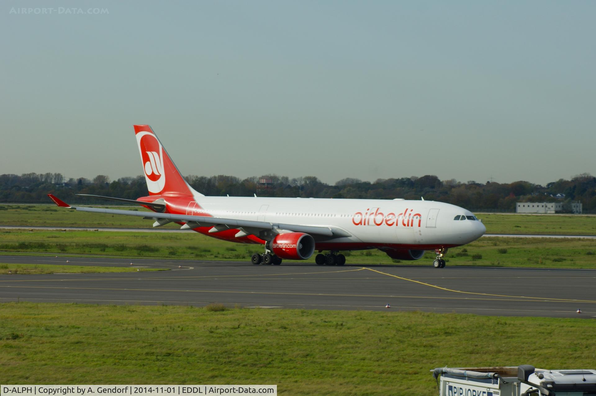 D-ALPH, 2006 Airbus A330-223 C/N 739, Air Berlin, is here taxiing to RWY 23L at Düsseldorf Int'l(EDDL), for the flight to Los Angeles Int'l(KLAX)