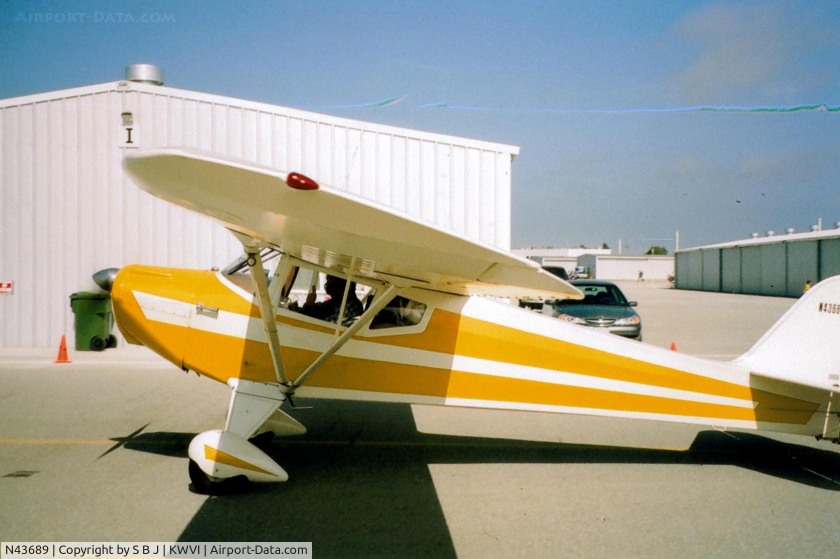 N43689, 1946 Taylorcraft BC12-D C/N 7348, 689  owner Ron (with the thumbs up sign-I hope) seen taxiing out to the runway at the end of the Watsonville airshow for the hour plus flight back home to Cloumbia,Ca.