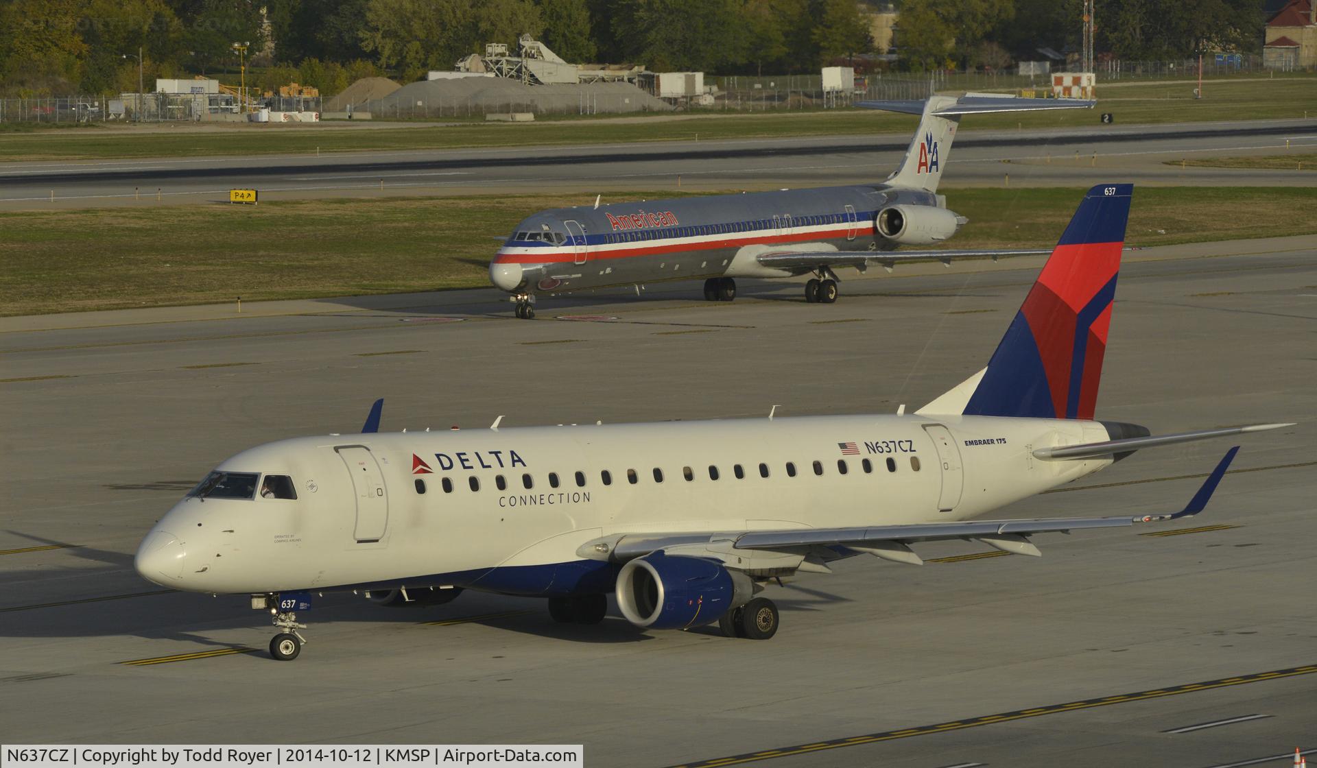 N637CZ, 2008 Embraer 175LR (ERJ-170-200LR) C/N 17000256, Taxiing for departure at MSP