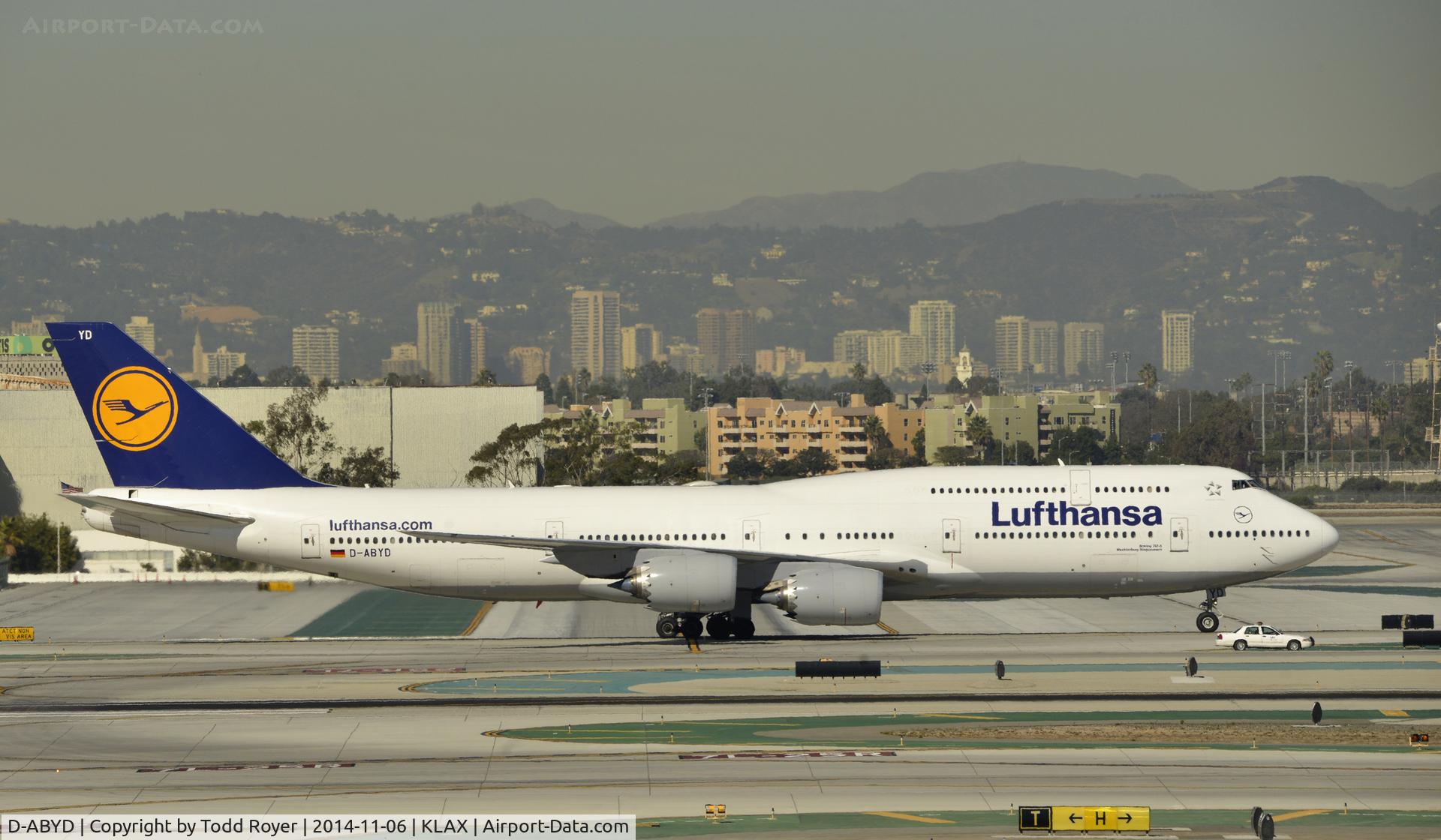 D-ABYD, 2012 Boeing 747-830 C/N 37829, Taxiing to gate at LAX