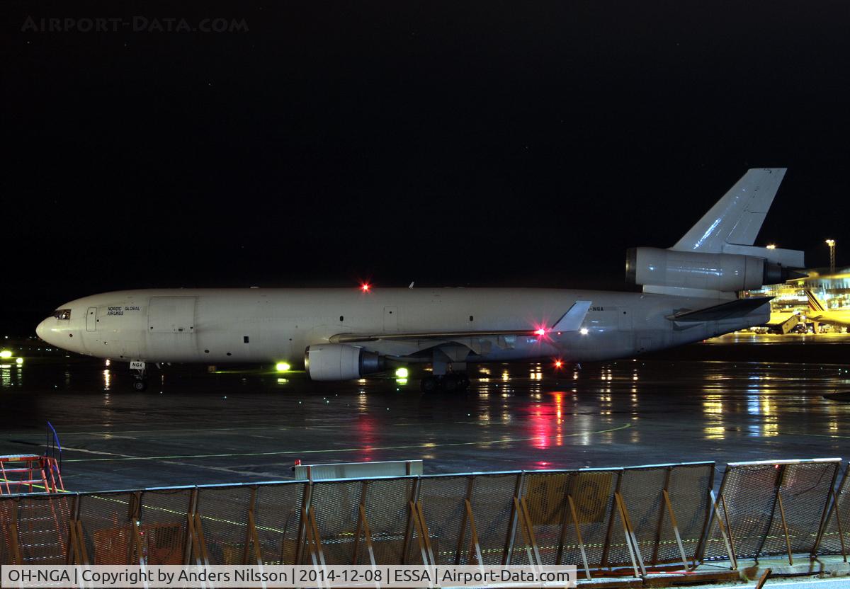 OH-NGA, 1994 McDonnell Douglas MD-11F C/N 48542, Ready to taxi to runway 19R for a flight to Abuja, Nigeria as NJ3816.