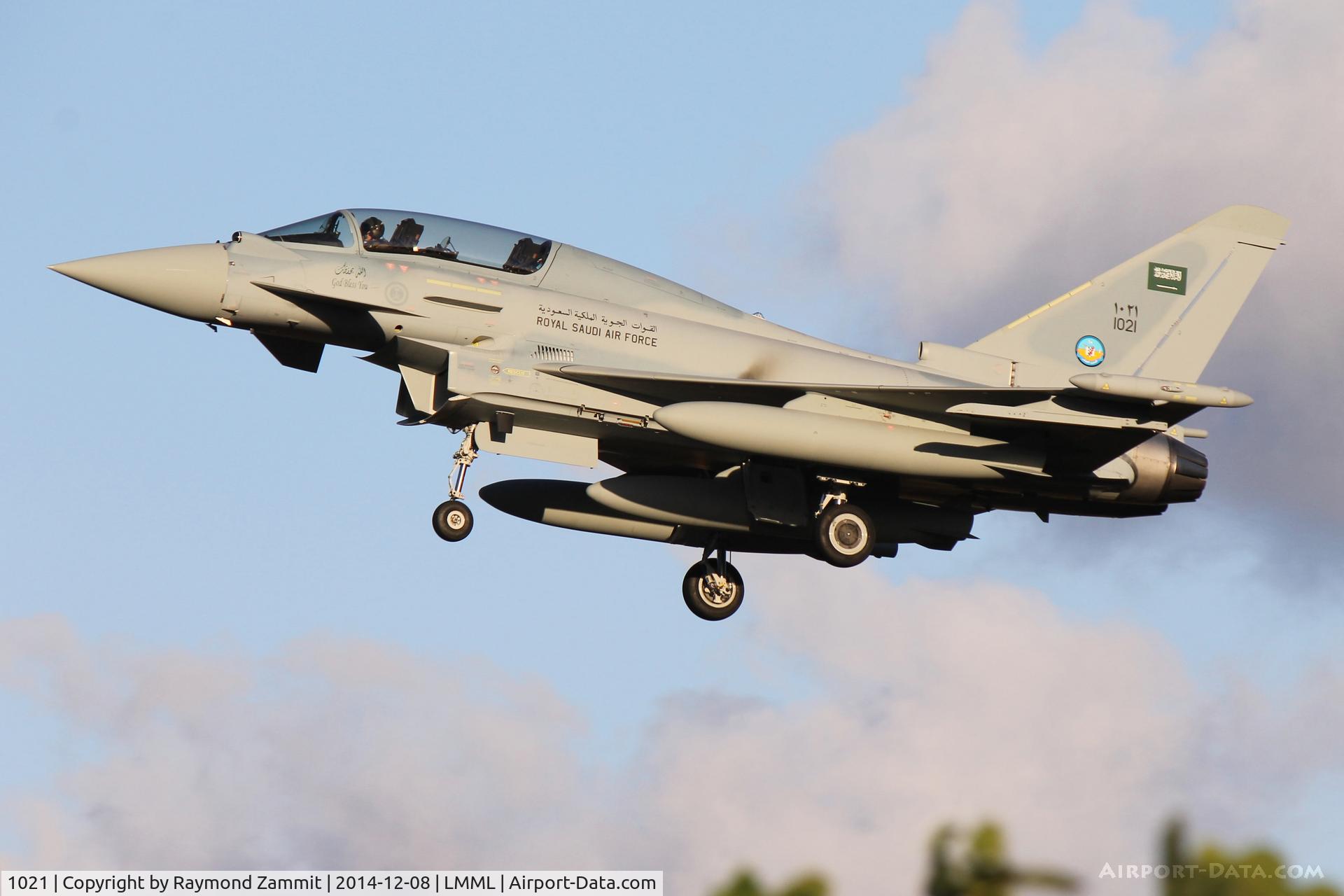1021, 2014 Eurofighter EF-2000 Typhoon T C/N ???/CT018, Eurofighter EF-2000 Typhoon 1021 (ZK399) landing in Malta while aircraft being delivered from UK to Saudi Arabia.