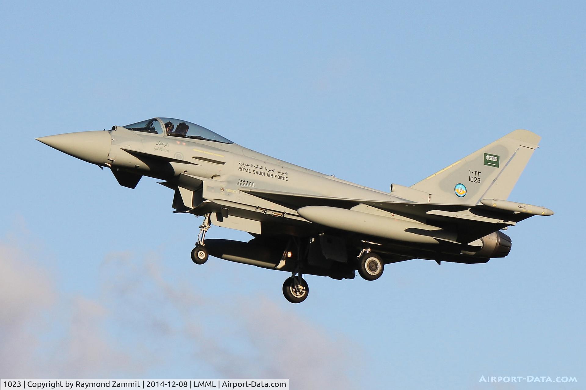 1023, 2014 Eurofighter Typhoon FGR.4 C/N CS029, Eurofighter EF-2000 Typhoon FGR4 1023(ZK394) of Royal Saudi Air Force landing in Malta on delivery flight from UK to Saudi Arabia.