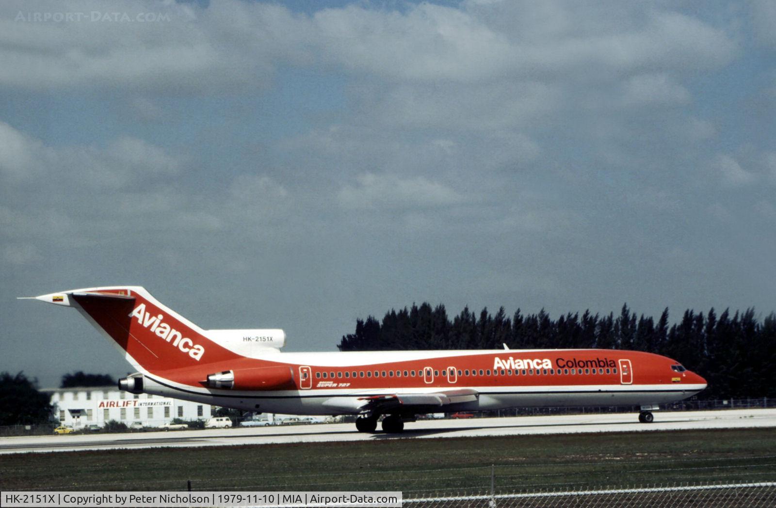 HK-2151X, 1979 Boeing 727-2A1 C/N 21343, Boeing 727-2A1 of Avianca as seen at Miami International in November 1979.