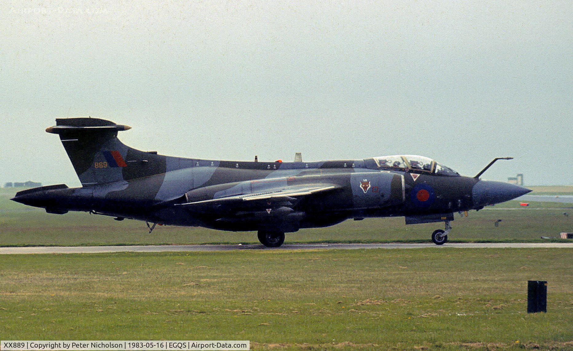 XX889, 1974 Hawker Siddeley Buccaneer S.2B C/N B3-05-73, Buccaneer S.2B of 12 Squadron preparing to join the active runway at RAF Lossiemouth in May 1983.