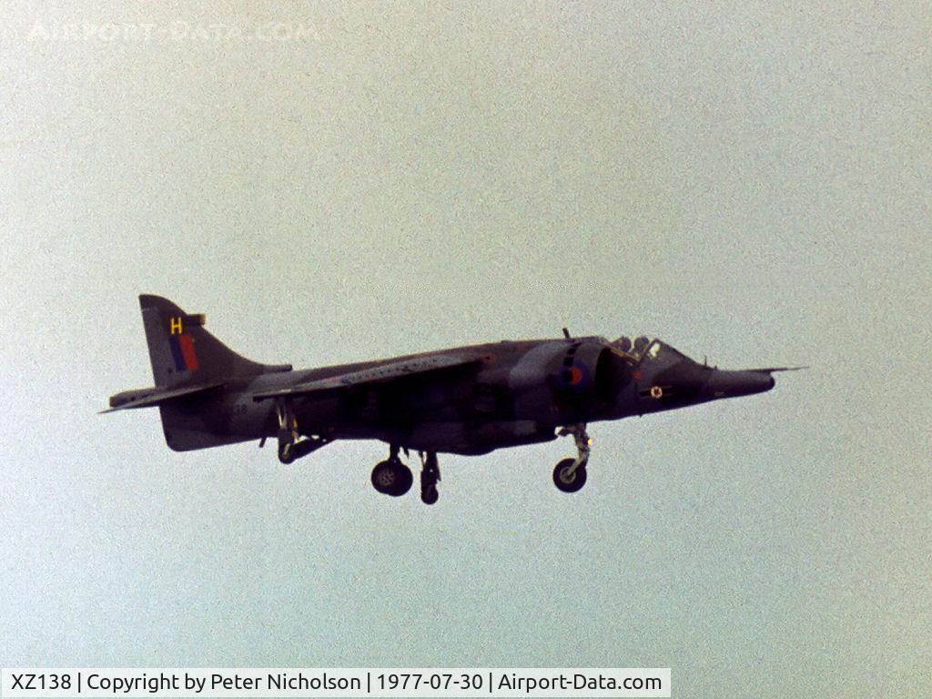 XZ138, 1976 Hawker Siddeley Harrier GR.3 C/N 712197, Harrier GR.3 of 3 Squadron in action at the 1977 Royal Review at RAF Finningley.