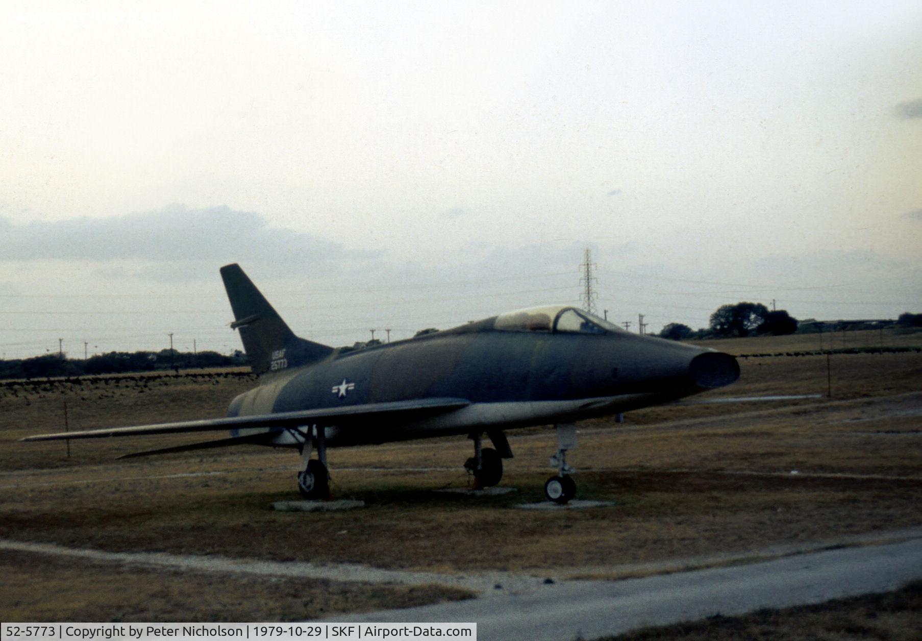 52-5773, 1952 North American F-100A Super Sabre C/N 192-18, This Security Police Training F-100A Super Sabre aide was seen at Lackland AFB in October 1979.