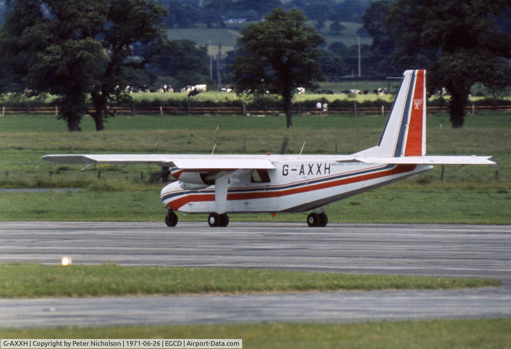 G-AXXH, 1970 Britten-Norman BN-2A-27 Islander C/N 144, This Northern Executive Aviation Islander was in action with the parachute display team at the 1971 Woodford RAFA Airshow.