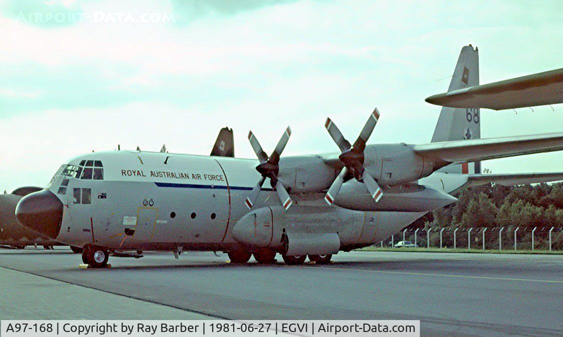 A97-168, 1966 Lockheed C-130E Hercules C/N 382-4168, Lockheed C-130E Hercules [4148] (Royal Australian Air Force) RAF Greenham Common~G 27/06/1981. From a slide.