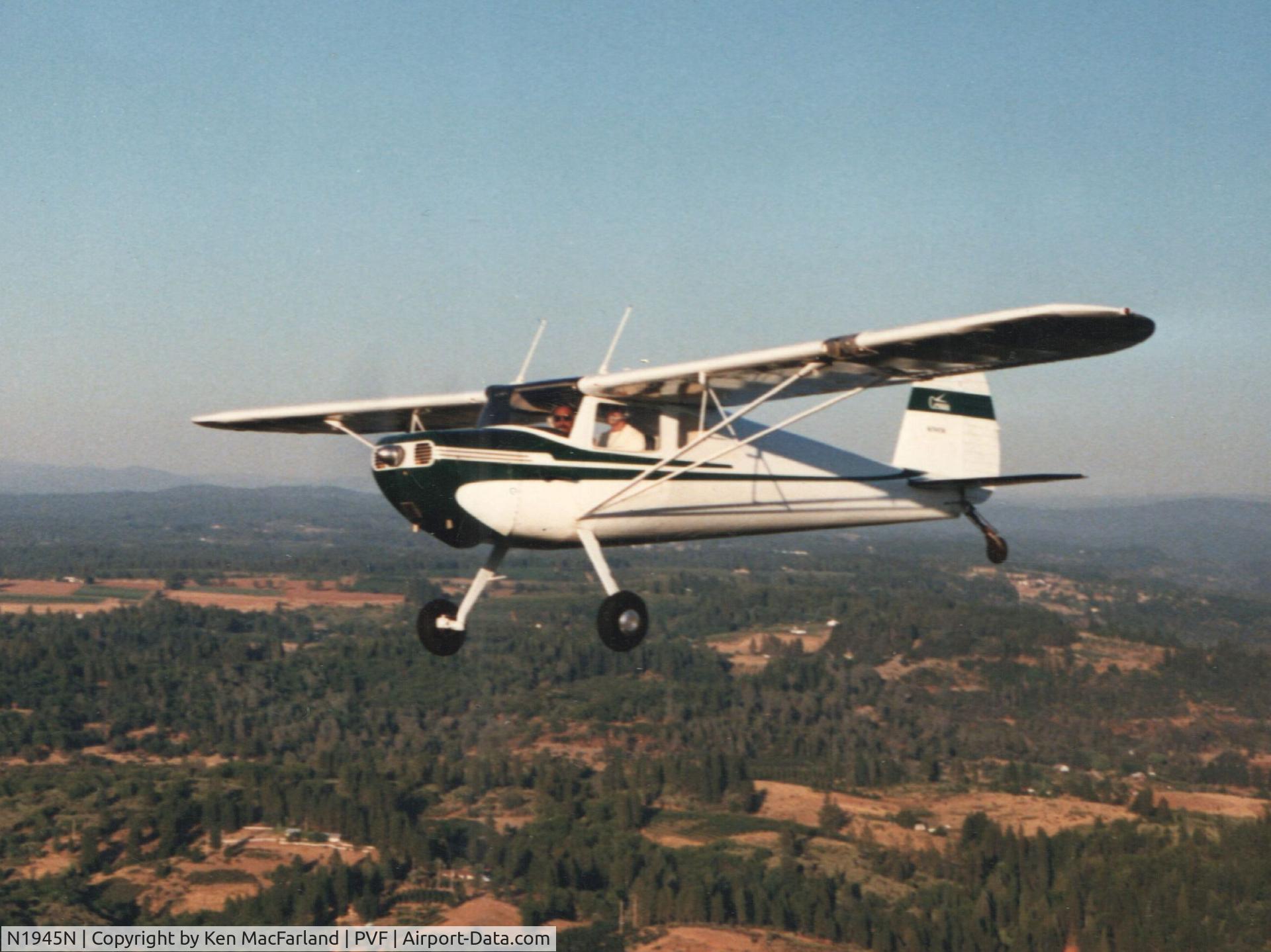 N1945N, 1947 Cessna 120 C/N 12185, N1945N was based in Minden NV between '87 and '89. She traversed the Sierras on many camping trips, and made numerous runs to Placerville over Lake Tahoe. She also loved to soar the eastern Sierra on windy days. She left for Juneau AK in late 1989.