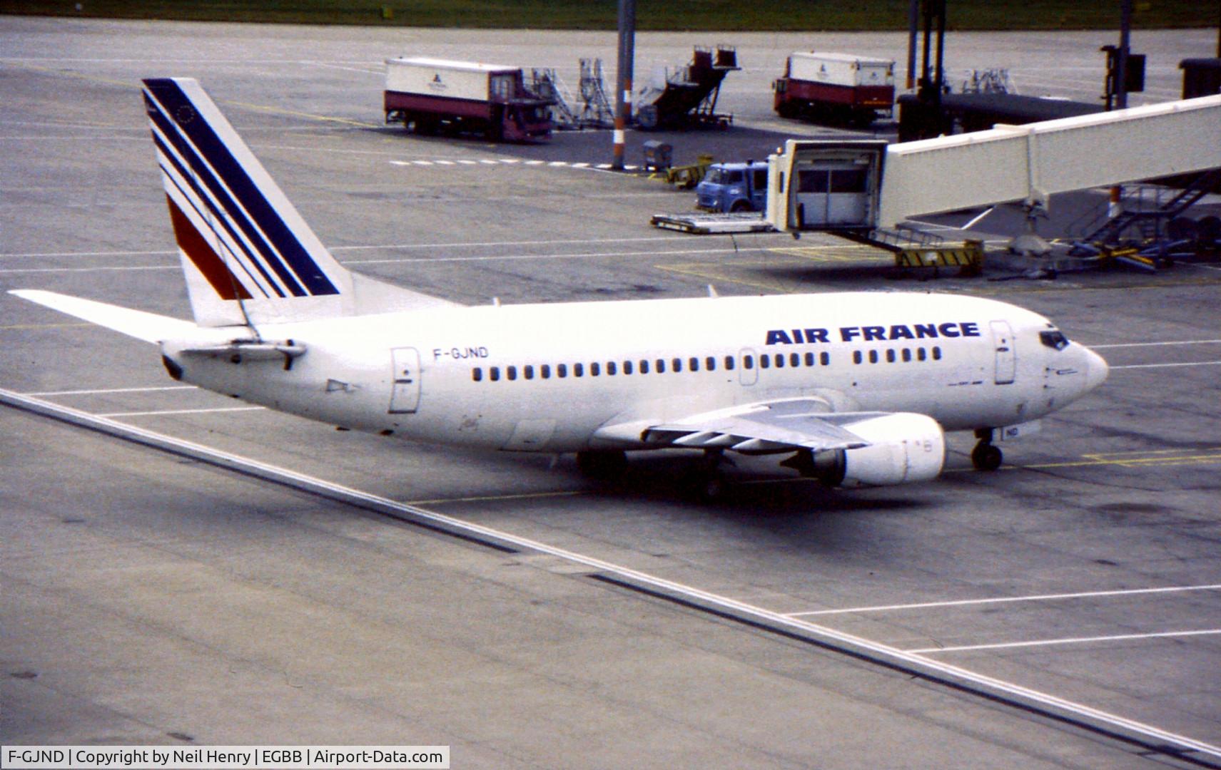 F-GJND, 1991 Boeing 737-528 C/N 25229, Scanned from original slide taken at Birmingham, UK (BHX) in 1996