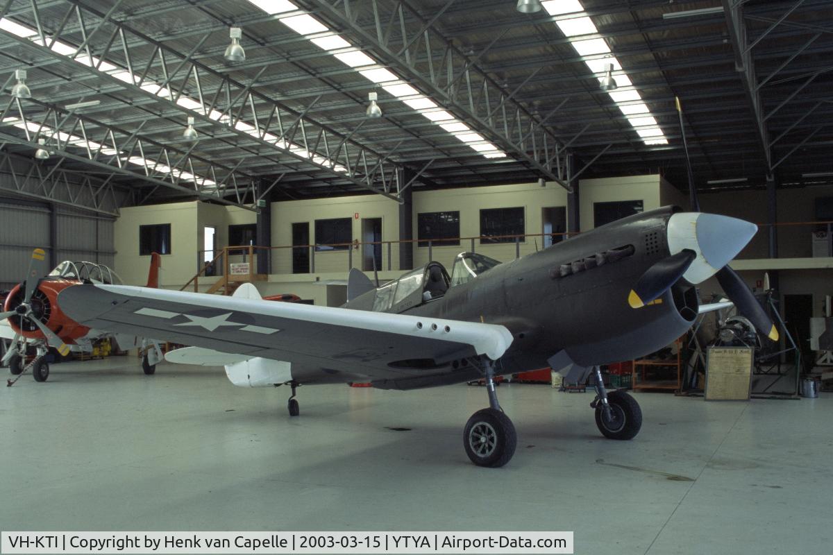 VH-KTI, 1942 Curtiss P-40N Warhawk C/N 29677, Curtiss P-40N Warhawk parked in a hangar at Tyabb airport, Victoria, Australia.
