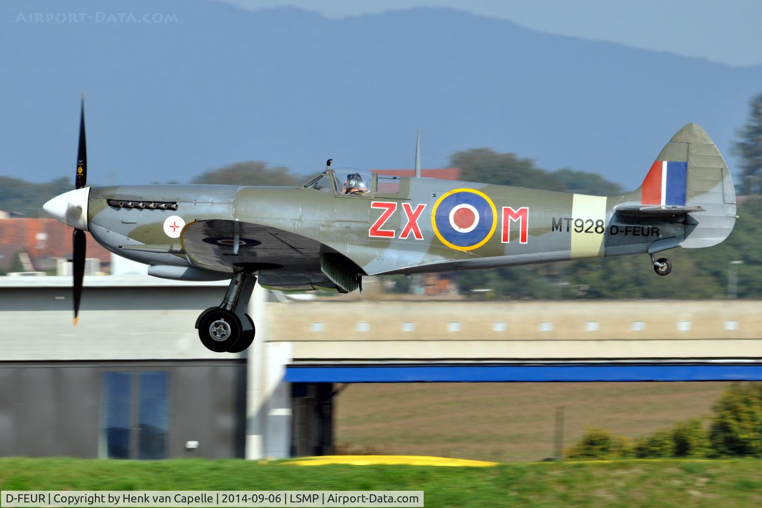 D-FEUR, 1944 Supermarine 359 Spitfire HF.VIIIc C/N 6S/583793, Spitfire Mk.VIII of Max Alpha Aviation GmbH landing at Payerne Air Base, Switzerland, AIR14.