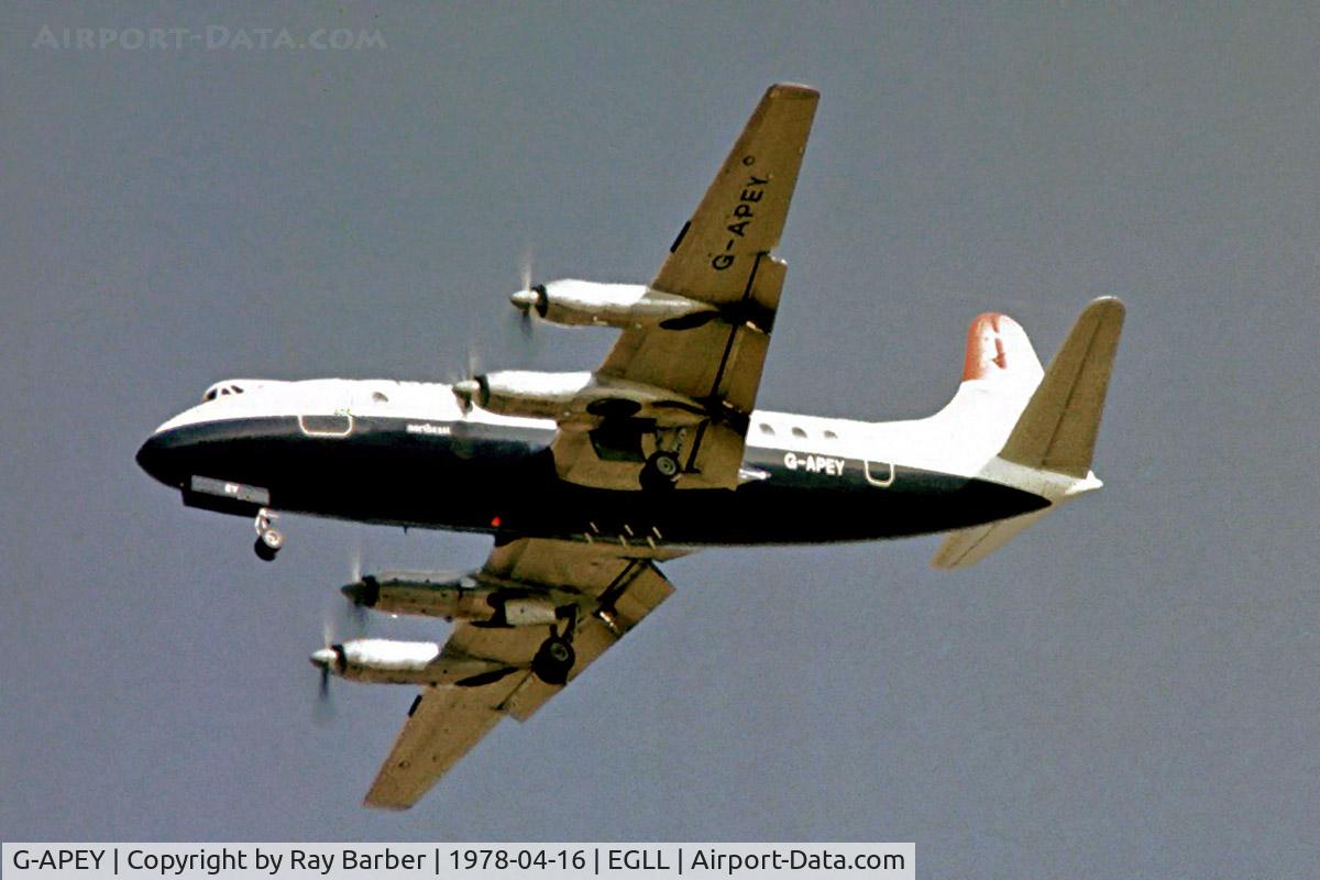 G-APEY, 1958 Vickers Viscount 806 C/N 382, Vickers Viscount 806 [382] (British Airways) Home~G 16/04/1978. On approach 28R. From a slide.