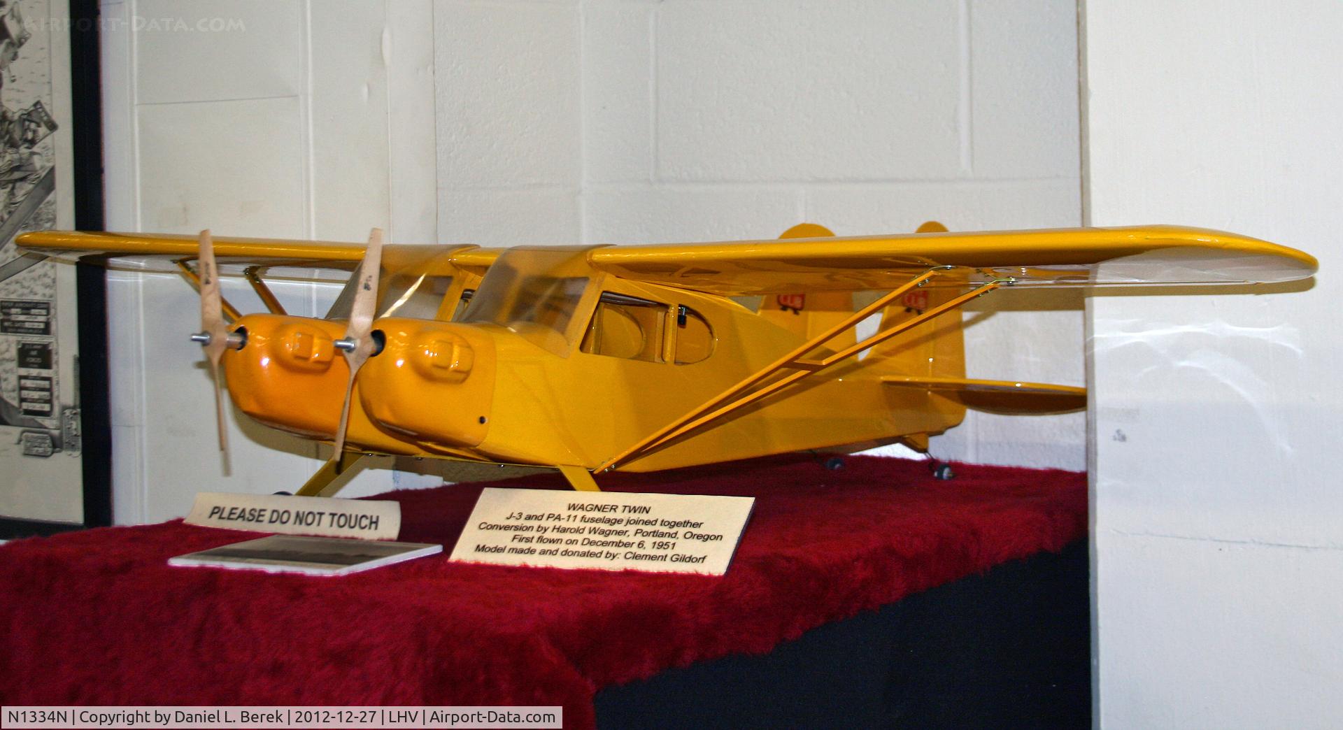 N1334N, 1951 Wagner Aircraft Co Twin Cub C/N 1, The Wagner Twin was the idea of Mr. Harold Wagner; the machine incorporated the fuselages of a Piper J-3 Cub and PA-11 Cub Special.  This is a model at the Piper Aviation Museum; the original was destroyed in 1957.