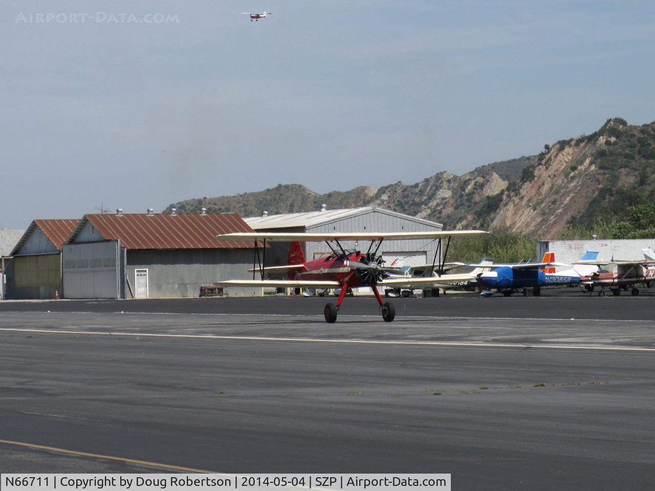 N66711, 1941 Boeing IB75A C/N 75-1675, 1941 Boeing Stearman IB75A, Jacobs R755B2 275 Hp upgrade, landing roll Rwy 22