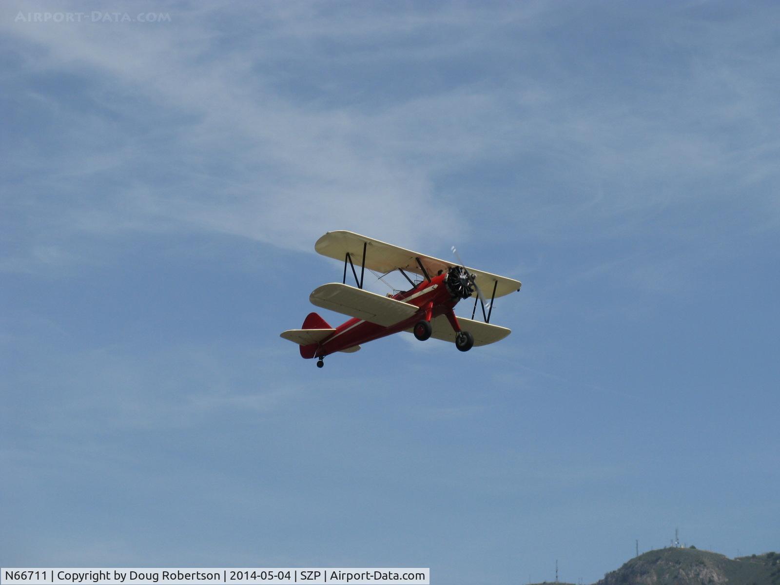 N66711, 1941 Boeing IB75A C/N 75-1675, 1941 Boeing Stearman IB75A, Jacobs R755B2 275 Hp upgrade, takeoff climb Rwy 22
