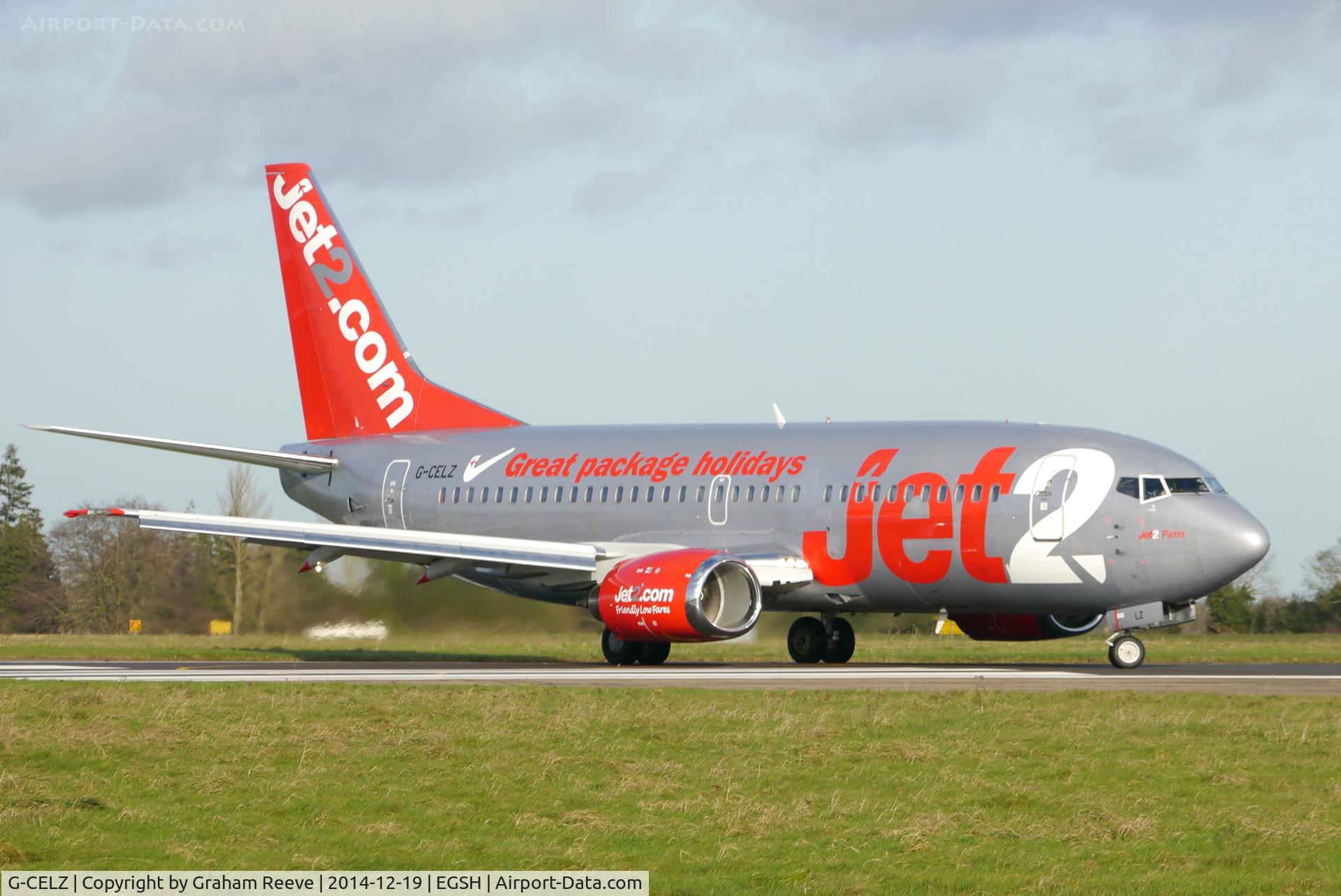 G-CELZ, 1986 Boeing 737-377(QC) C/N 23658, Just landed at Norwich.