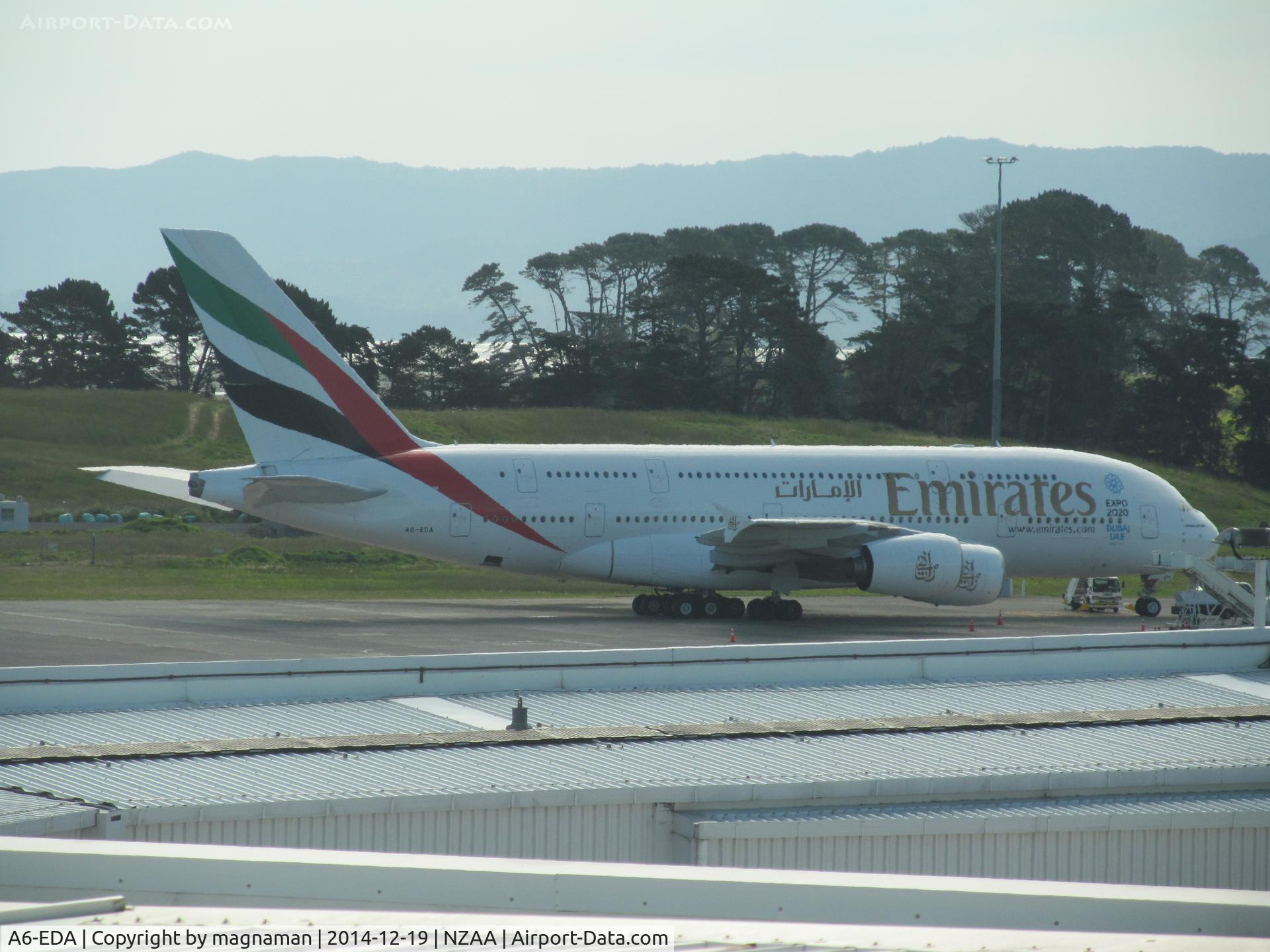 A6-EDA, 2007 Airbus A380-861 C/N 011, on far apron - from top viewing gallery