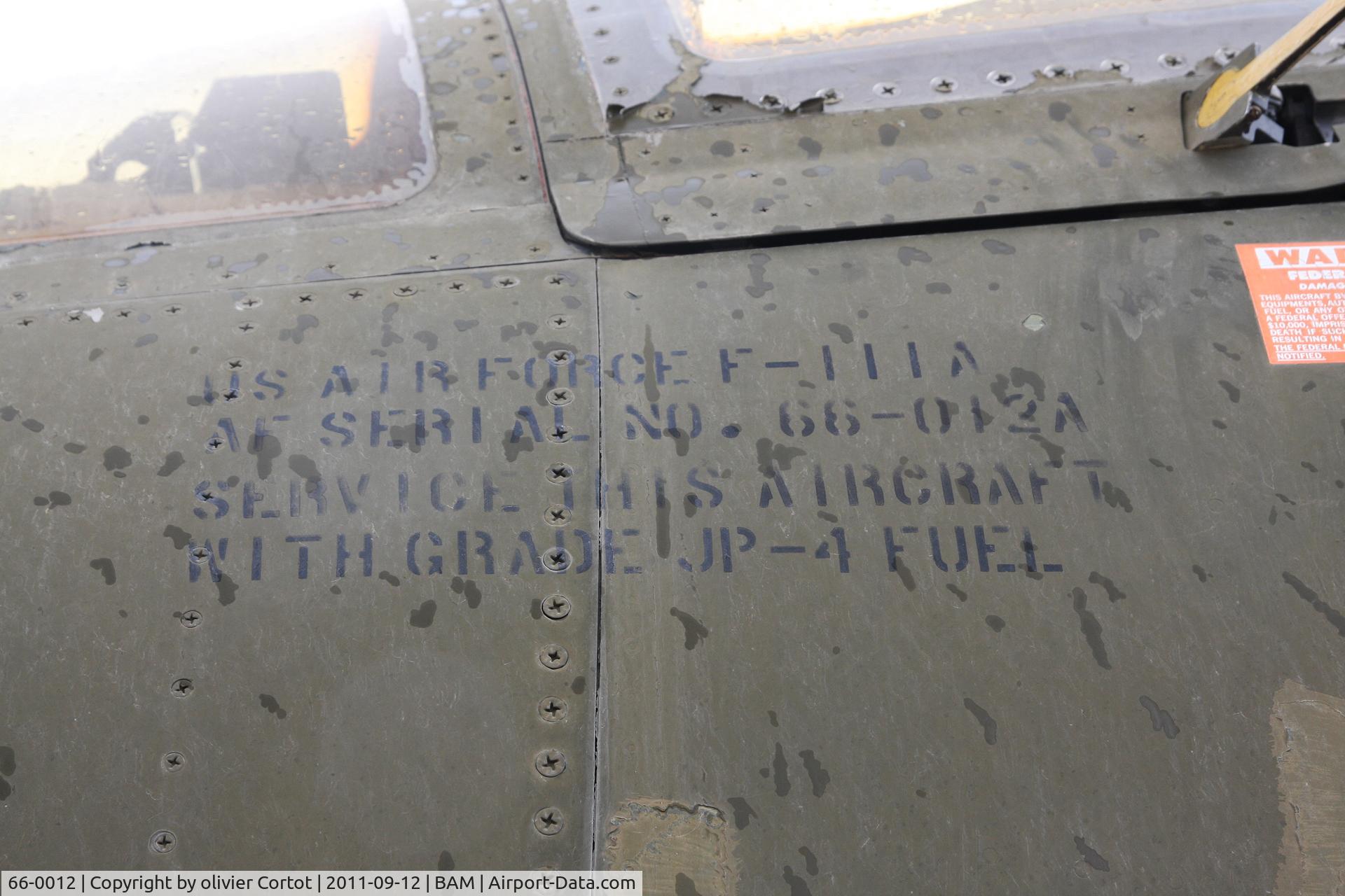 66-0012, 1967 General Dynamics F-111A C/N A1-30, data markings